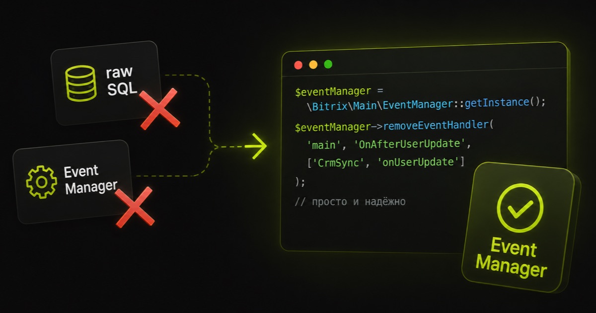 Отключение событий Add/Update/Delete в 1С-Битрикс: почему raw SQL и EventManager — оба не то